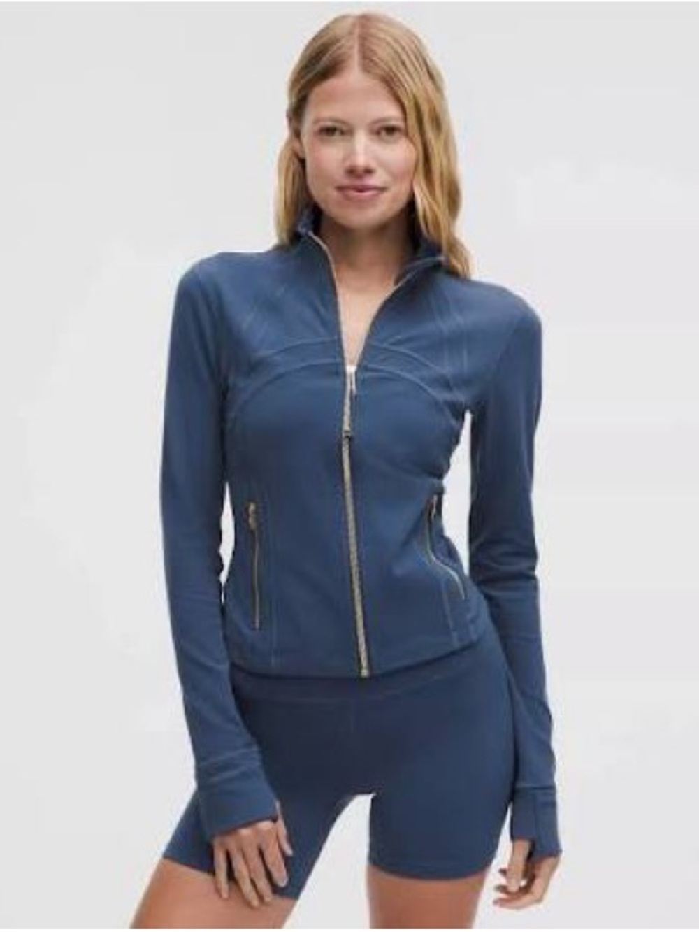 Lululemon Blue Twill Cropped Define Jacket with Gold Zipper